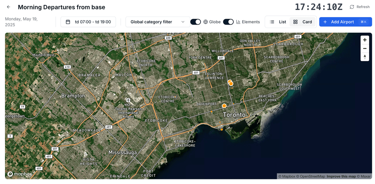3D globe visualization of NOTAM coordinates