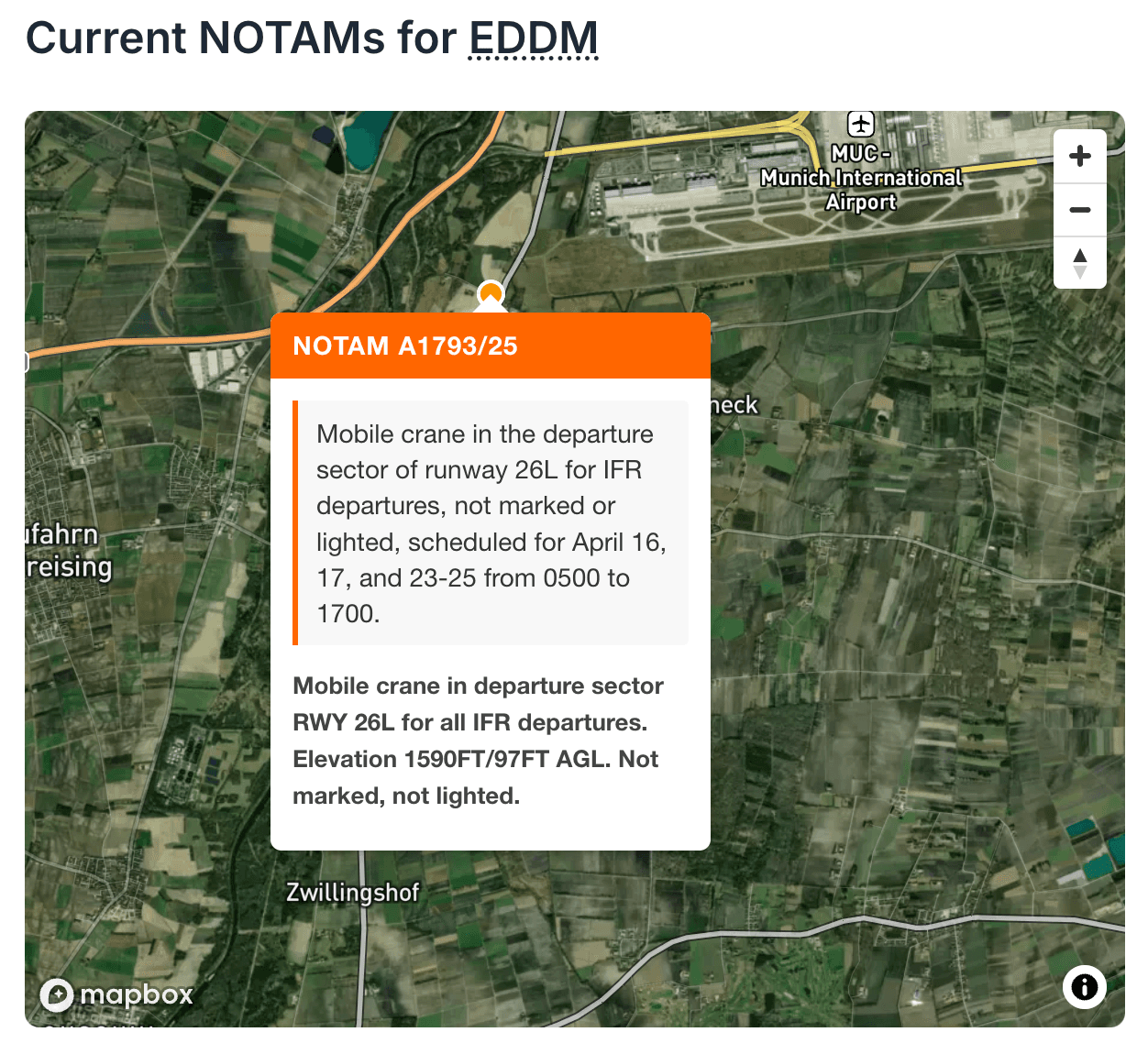 EDDM Airport NOTAMs visualized on Notamify Globe