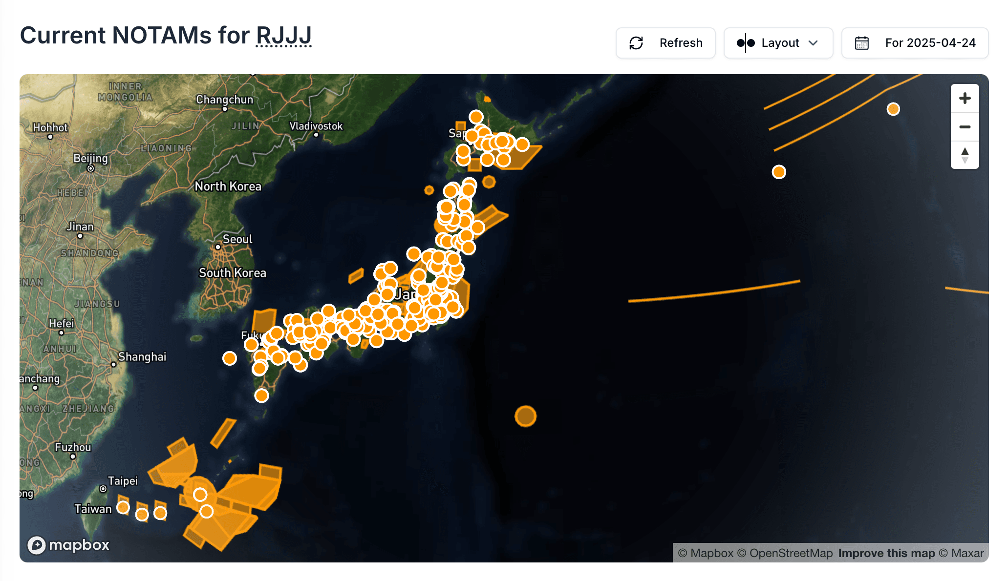 RJJJ FIR NOTAMs displayed on Notamify Globe