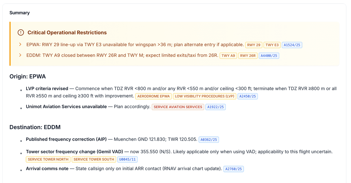 Flight Briefings showing flight-specific NOTAM intelligence