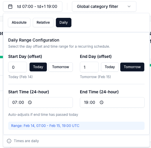 Daily time filtering interface