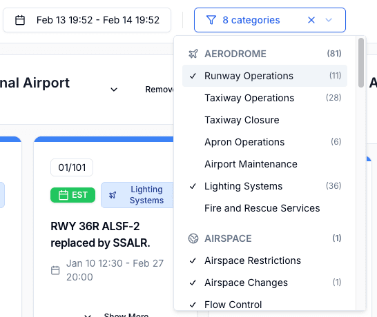 Global filtering interface on Notamify Dashboard